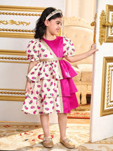 Young Girl Woven Floral & Color Block Round Neck Puff Sleeve Fitted Dress